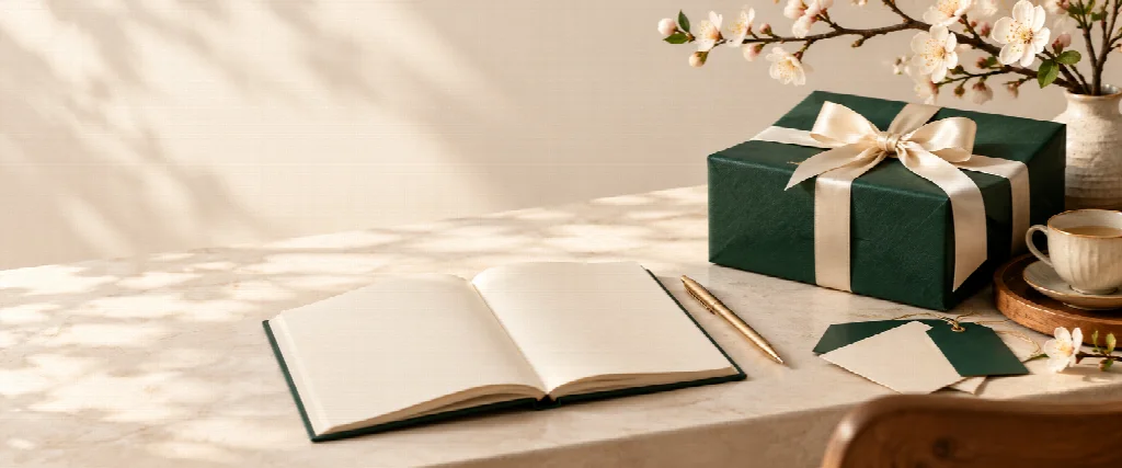 Minh họa sổ tay, hộp quà xanh và thiệp để chuẩn bị kế hoạch quà tặng